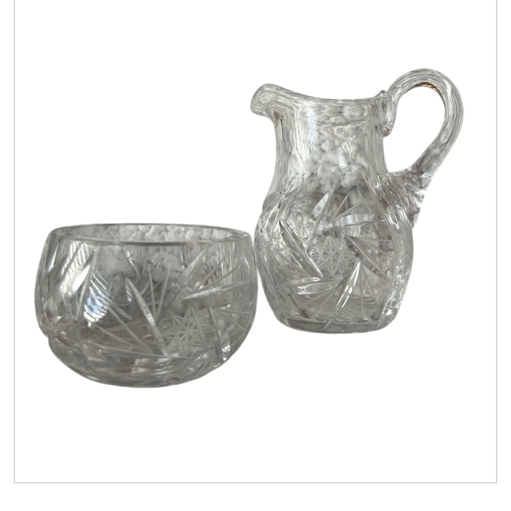 Vintage Crystal Glass Creamer Pitcher & Sugar Pot Pinwheel Star of David